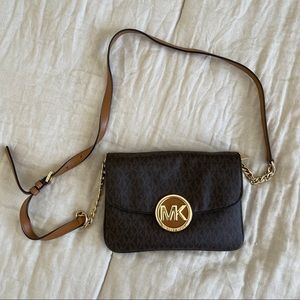 Michael Kors Mocha Signature Leather Fulton Flap Gusset Crossbody Bag